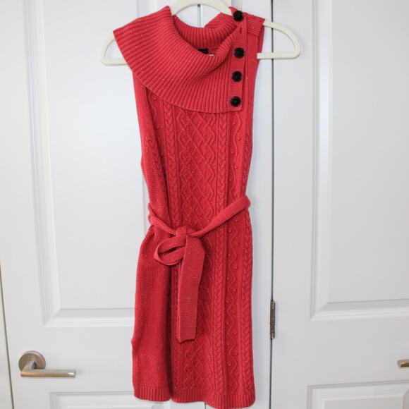 TALBOTS Red Sleeveless Belted Cable Knit Sweater Dress Button Shawl Collar | M - Picture 1 of 9